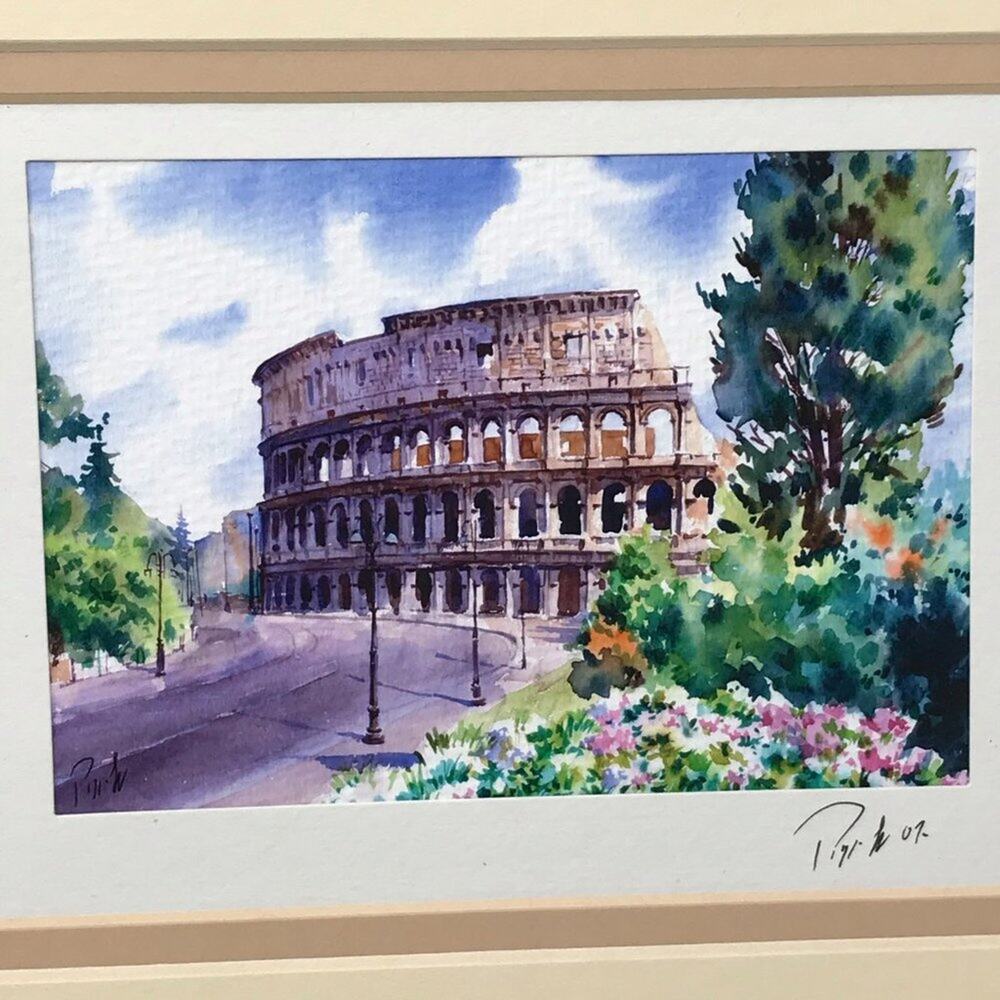 Roman Coliseum Watercolor Print Framed Signed Vintage - Picture 2 of 5